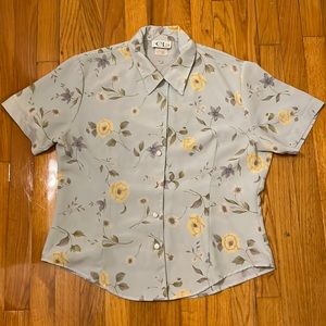 Vintage Blue Floral Button Up Blouse